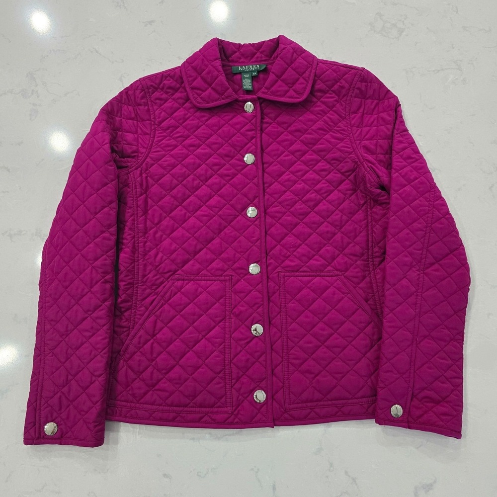 Lauren Ralph Lauren Petite Magenta Pink Quilted Snap Front Barn Jacket Coat P/P